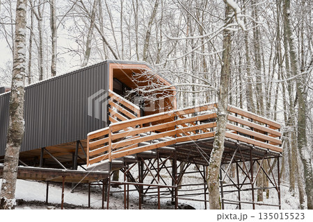 Wooden Shelter Design, Stylish Wood Deck With Shelter Showing Craftsmanship Details And Snow Accumulation 135015523