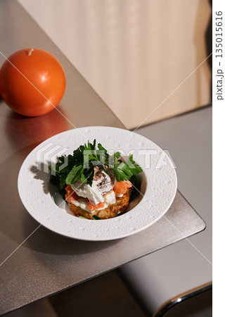 Gourmet Egg And Herb Presentation, Sophisticated Breakfast Dish Arranged With Precision And Style 135015616