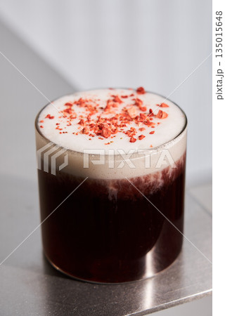Rich Chocolate Drink, Luxurious Dark Chocolate Espresso Beverage Topped With Microfoam And Raspberries 135015648