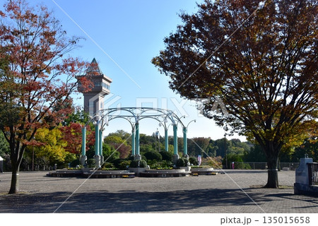 神奈川県　相模原麻溝公園のセンター広場とグリーンタワーと紅葉 135015658