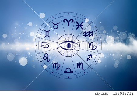 Zodiac signs, astrology and horoscopes concepts. Zodiac signs inside of horoscope circle. Astrology in the sky with many stars and moons astrology and horoscopes concept 135015712