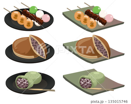 お皿にのった和菓子のセット5 135015746