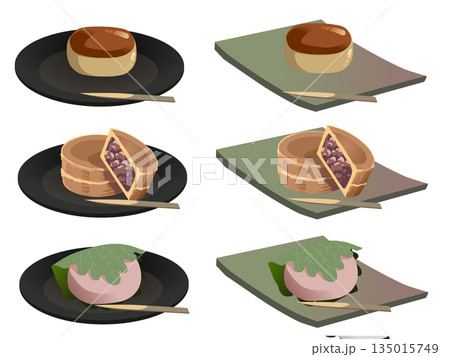 お皿にのった和菓子のセット3 135015749