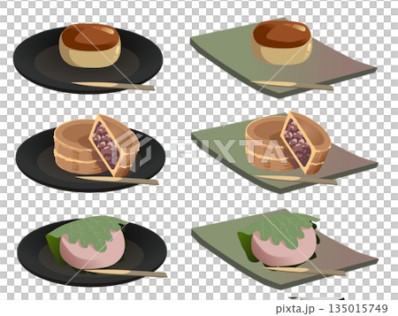 お皿にのった和菓子のセット3 135015749