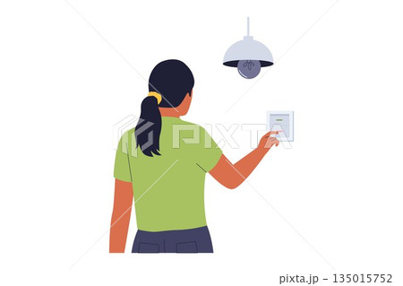 Illustration of Energy Saving Concept with Human Hand Turning Off Light Switch 135015752