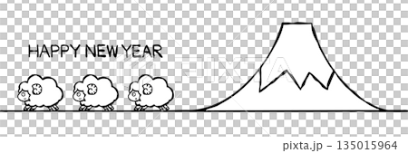 [Line drawing] New Year's card material: Sheep and Mt. Fuji 135015964