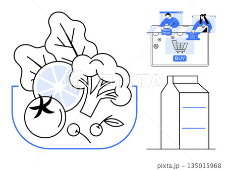 E-commerce, health, nutrition, online shopping, grocery delivery, sustainable choices. Fresh produce, digital cart milk carton. E-commerce and health concepts for modern lifestyles and convenience 135015968