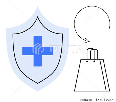 Online shopping, product returns, consumer protection, e-commerce policies, trust, safety. Blue cross on shield next to a shopping bag and arrow. Online shopping and consumer protection Online shopping, product returns, consumer protection, e-commerce policies, trust, safety. Blue cross on shield next to a shopping bag and arrow. Online shopping and consumer protection 135015987
