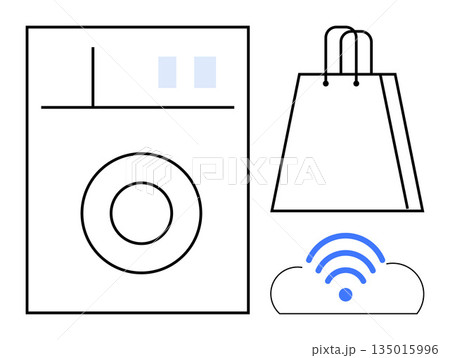 E-commerce, smart homes, IoT, online shopping, appliance technology, digital connectivity. A washing machine, shopping bag and cloud icon with wireless signal. Smart homes and IoT technology 135015996