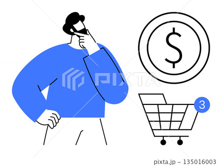 E-commerce, financial planning, online shopping, decision-making, consumer behavior, digital transactions. A man in thought near a shopping cart and dollar sign. E-commerce and financial planning E-commerce, financial planning, online shopping, decision-making, consumer behavior, digital transactions. A man in thought near a shopping cart and dollar sign. E-commerce and financial planning 135016003