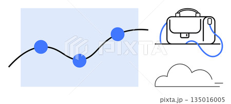 Business growth, technology innovation, digital tools, cloud computing, professional services, work-life solutions. A graph line with dots, a bag and a cloud icon. Business growth and technology 135016005
