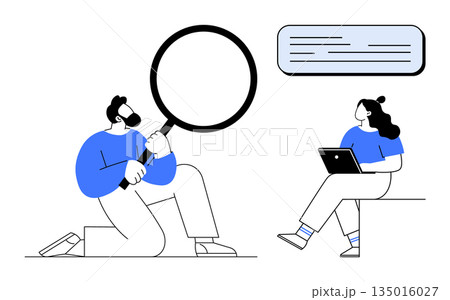 Teamwork, data analysis, technology, collaboration, communication, research. Man with magnifying glass kneeling near woman using laptop with speech bubble. Data analysis and teamwork concept 135016027
