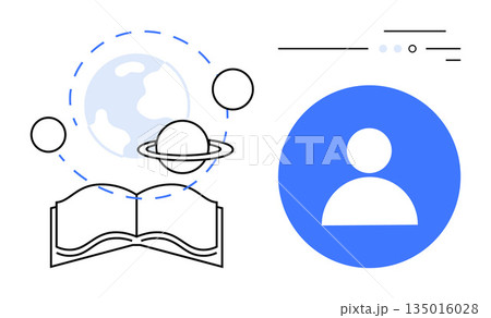 Online learning, global education, knowledge sharing, user profiles, e-learning . Open book, globe with orbit elements, profile icon with lines. Online learning and global education design 135016028