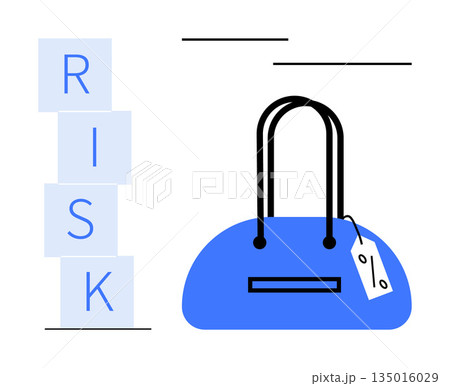 Financial planning, consumer behavior, market value, shopping habits, pricing strategies, risk management. Blue handbag with a price tag and the word risk highlighted. Financial planning and consumer Financial planning, consumer behavior, market value, shopping habits, pricing strategies, risk management. Blue handbag with a price tag and the word risk highlighted. Financial planning and consumer 135016029