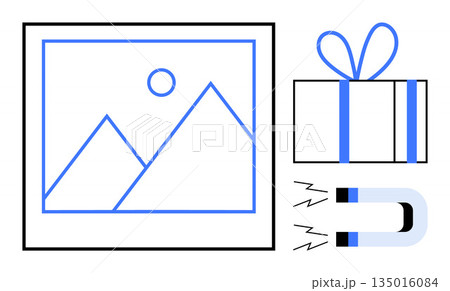 E-commerce, art, gift-giving, marketing, consumer attraction, visual strategy. Linear graphic with a picture frame, gift box and magnet. E-commerce and visual strategy E-commerce, art, gift-giving, marketing, consumer attraction, visual strategy. Linear graphic with a picture frame, gift box and magnet. E-commerce and visual strategy 135016084
