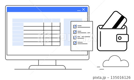 Finance, budgeting, online purchases, financial management, digital wallets, e-commerce. Computer screen displaying data, checklist wallet with credit cards. Finance and budgeting concept 135016126