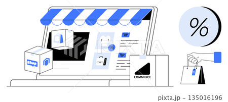 E-commerce, online shopping, retail, discounts, digital transactions, delivery services. Laptop screen with storefront, shopping bags and discount icon. E-commerce and online shopping theme 135016196