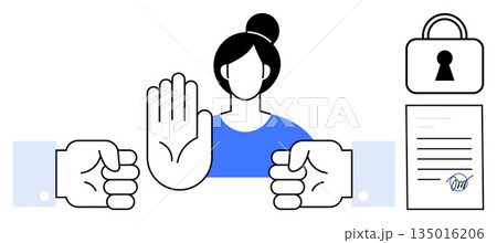 Conflict resolution, security, legal contracts, protection, privacy, boundaries. Woman raising hand to stop, lock signed document fists. Conflict resolution and security theme Conflict resolution, security, legal contracts, protection, privacy, boundaries. Woman raising hand to stop, lock signed document fists. Conflict resolution and security theme 135016206