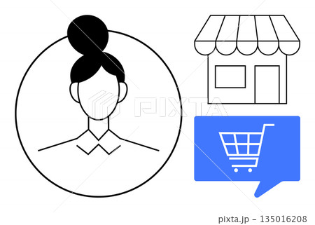 Online shopping, retail business, customer experience, digital commerce, user engagement, and e-store setup. Minimalist design with a user icon, storefront and shopping cart. Online shopping 135016208