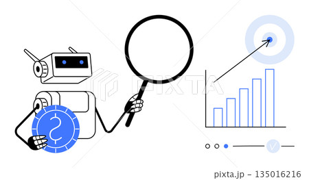 Financial analysis, data research, target achievement, goal optimization, artificial intelligence, innovation. Robot holding magnifying glass and coin near bar chart and target. Financial analysis Financial analysis, data research, target achievement, goal optimization, artificial intelligence, innovation. Robot holding magnifying glass and coin near bar chart and target. Financial analysis 135016216