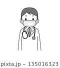 マスクを着用し、白衣を着た男性の上半身モノクロイラスト 135016323