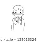 マスクを着用し、白衣を着た男性の上半身白黒線画イラスト 135016324