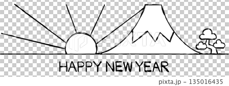 【線描圖】新年賀卡素材：簡約日出富士山，松樹 135016435