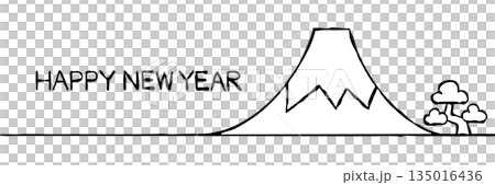 【線描圖】新年賀卡素材：簡約富士山與松樹 135016436
