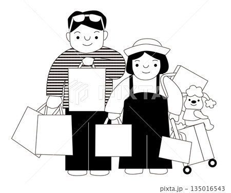 若い観光客のカップル（買い物を楽しむ若いカップルと犬のシンプルイラスト） 135016543