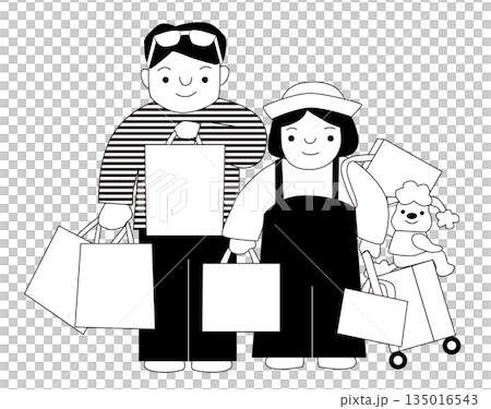 若い観光客のカップル（買い物を楽しむ若いカップルと犬のシンプルイラスト） 135016543