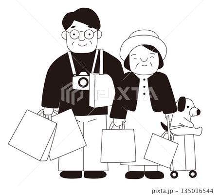 観光客（観光を楽しむ大人のカップルと犬のシンプルイラスト） 135016544