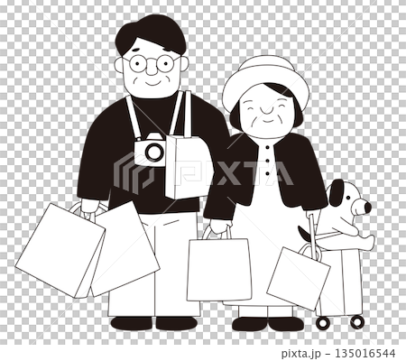 観光客（観光を楽しむ大人のカップルと犬のシンプルイラスト） 135016544