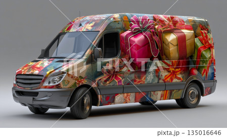 A van design shows a colorful wrap with gifts and ribbons for holiday delivery. 135016646