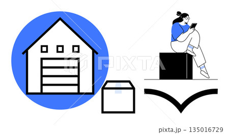 Logistics, shipping, delivery services, e-commerce, supply chain, remote tracking. Warehouse icon, delivery box person on a package using phone. Logistics and shipping concept Logistics, shipping, delivery services, e-commerce, supply chain, remote tracking. Warehouse icon, delivery box person on a package using phone. Logistics and shipping concept 135016729