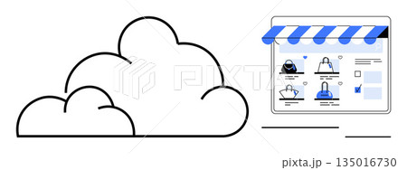 E-commerce, online storefronts, cloud computing, data storage, business solutions, web hosting. A cloud next to an online storefront with shopping items. E-commerce and cloud computing concept E-commerce, online storefronts, cloud computing, data storage, business solutions, web hosting. A cloud next to an online storefront with shopping items. E-commerce and cloud computing concept 135016730