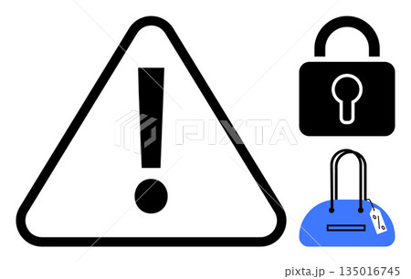 Security, risk management, theft prevention, alert systems, personal items, privacy. Warning sign with exclamation, lock symbol and handbag icon. Security and theft prevention concept Security, risk management, theft prevention, alert systems, personal items, privacy. Warning sign with exclamation, lock symbol and handbag icon. Security and theft prevention concept 135016745