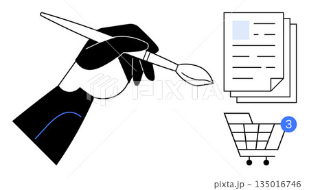 Creativity, art, online shopping, digital workflow, notifications, content creation. A hand holding a paintbrush near documents and a shopping cart icon. Creativity and online shopping Creativity, art, online shopping, digital workflow, notifications, content creation. A hand holding a paintbrush near documents and a shopping cart icon. Creativity and online shopping 135016746