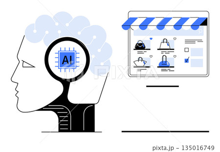 Artificial intelligence, e-commerce, technology integration, data analysis, online business, shopping platforms. Head with AI chip and online store interface. Artificial intelligence and e-commerce 135016749