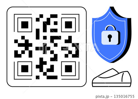 Digital security, authentication, online payment, identity verification, e-commerce, technology. QR code, lock symbol on a shield shoe graphic. Digital security and authentication visualization 135016755