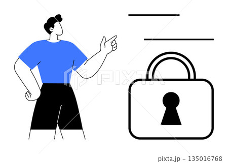 Cybersecurity, data protection, privacy, authentication, digital safety, online security. A person pointing at a padlock icon with a keyhole. Cybersecurity and data protection concept 135016768