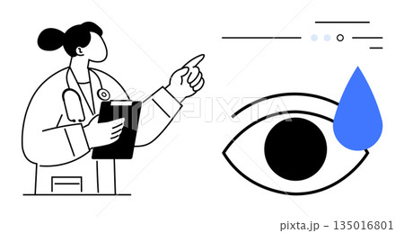 Eye health, vision care, medical education, healthcare communication, eye treatment, doctor advice. A doctor pointing at charts beside a stylized eye with a drop. Eye health and vision care concept 135016801