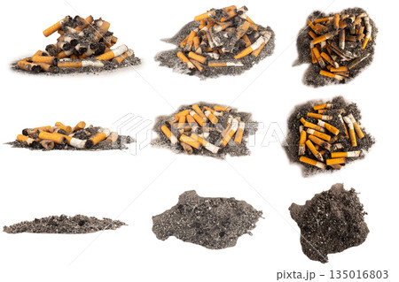 pile of cigarette butts and ash on a white background pile of cigarette butts and ash on a white background 135016803