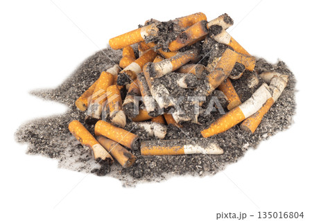 pile of cigarette butts and ash on a white background pile of cigarette butts and ash on a white background 135016804