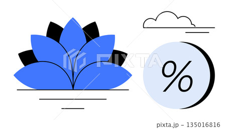 Wellness, finance, nature, balance, minimalism, modern art. Blue lotus and percentage circle with a cloud in a clean layout. Wellness and finance concept in contemporary design 135016816