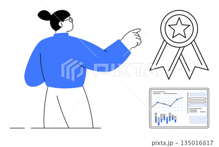 Business strategy, success achievement, leadership, data analysis, professional growth, recognition. Person pointing to an award ribbon and analytics chart. Business success and recognition concept Business strategy, success achievement, leadership, data analysis, professional growth, recognition. Person pointing to an award ribbon and analytics chart. Business success and recognition concept 135016817