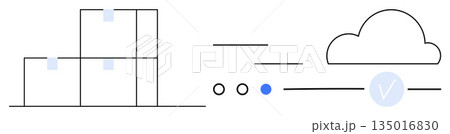 Logistics, data storage, cloud computing, supply chain, digital connectivity, verification services. Stacked boxes with lines and a cloud symbol with a checkmark. Logistics and data storage concept 135016830