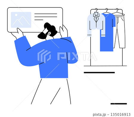 E-commerce, online fashion, digital retail, shopping apps, consumer behavior, product browsing. A person viewing a digital catalog near clothing items. E-commerce and online fashion concept E-commerce, online fashion, digital retail, shopping apps, consumer behavior, product browsing. A person viewing a digital catalog near clothing items. E-commerce and online fashion concept 135016913