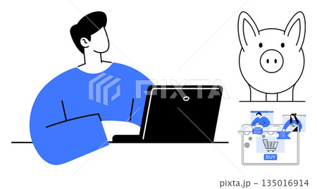 E-commerce, digital transactions, financial planning, saving strategies, online security, retail technology. A man using a laptop, piggy bank and shopping cart icon. E-commerce and financial E-commerce, digital transactions, financial planning, saving strategies, online security, retail technology. A man using a laptop, piggy bank and shopping cart icon. E-commerce and financial 135016914
