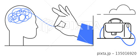Problem solving, creativity, mental clarity, cognitive processes, productivity, organization. Illustration of a hand unraveling tangled threads in a brain connected to a bag. Problem solving Problem solving, creativity, mental clarity, cognitive processes, productivity, organization. Illustration of a hand unraveling tangled threads in a brain connected to a bag. Problem solving 135016920