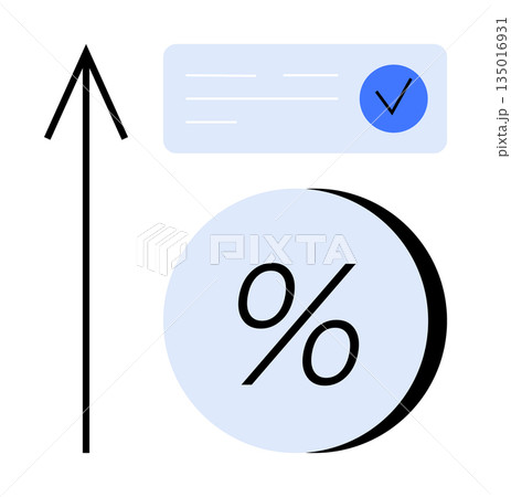 Business growth, data analysis, financial progress, approval, performance improvement, marketing strategy. A percentage symbol, an arrow pointing up and a checkmark box. Business growth and data Business growth, data analysis, financial progress, approval, performance improvement, marketing strategy. A percentage symbol, an arrow pointing up and a checkmark box. Business growth and data 135016931